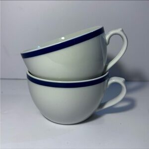 Set of 2 | White Ceramic Williams Sonoma Brasserie Blue Flat Mugs Tea Cups